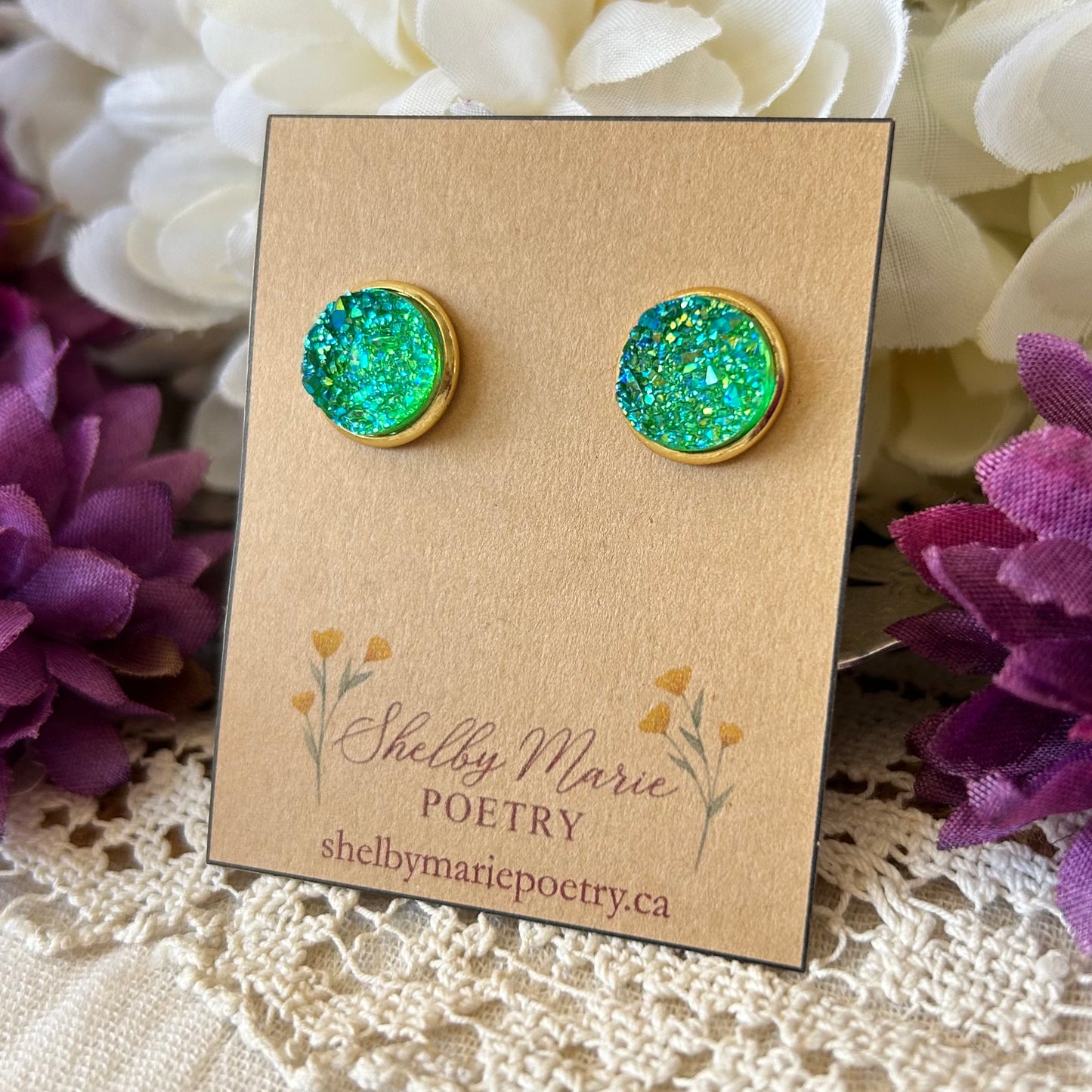 Green Geode Stud Earrings