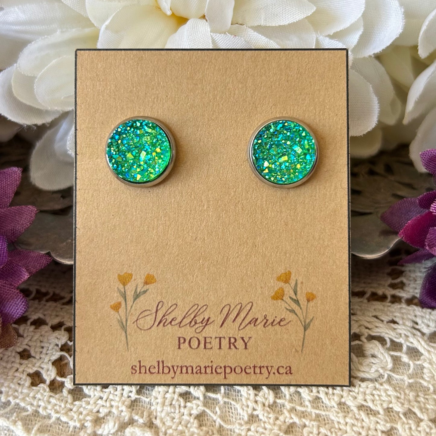 Green Geode Stud Earrings