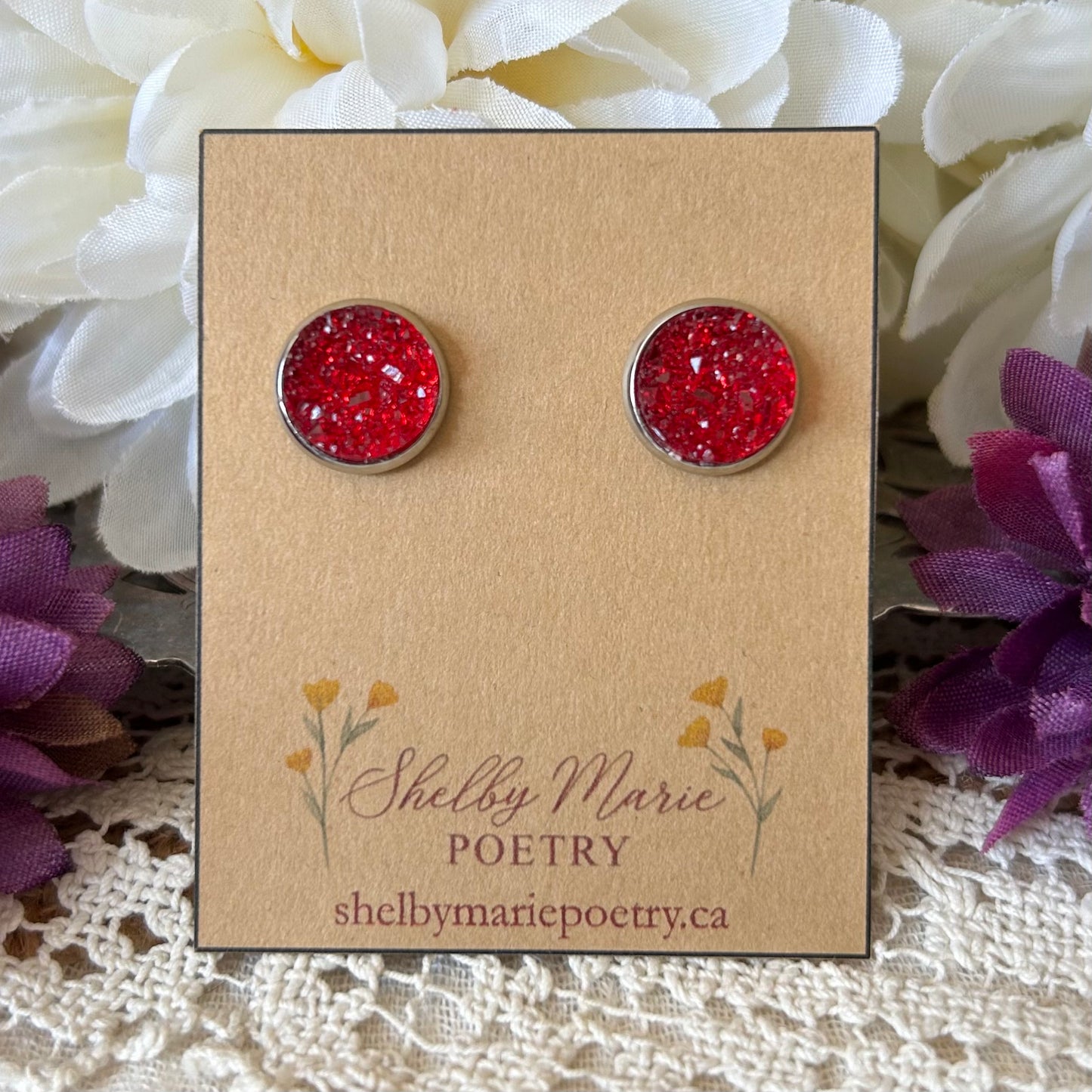 Red Geode Stud Earrings