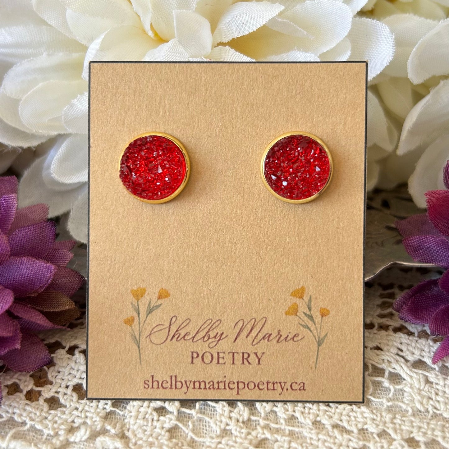 Red Geode Stud Earrings
