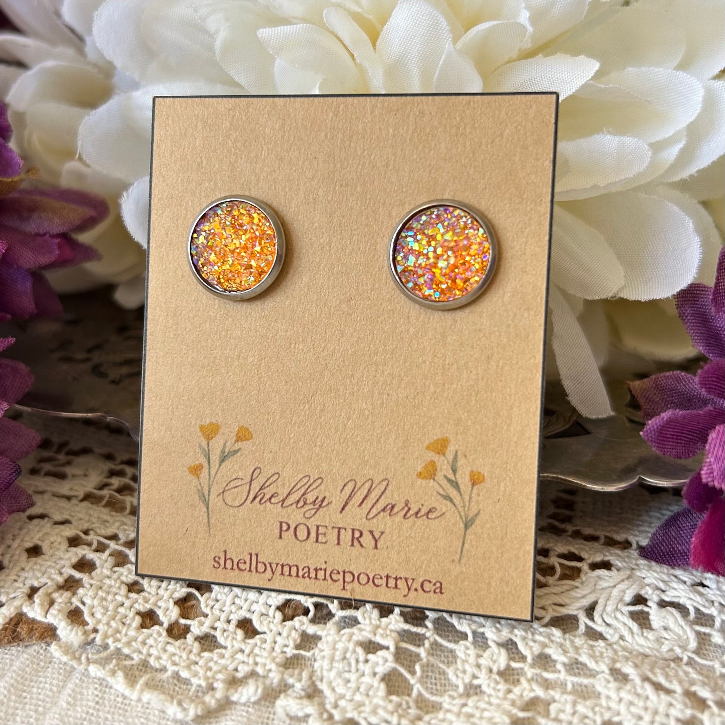 Orange Geode Stud Earrings