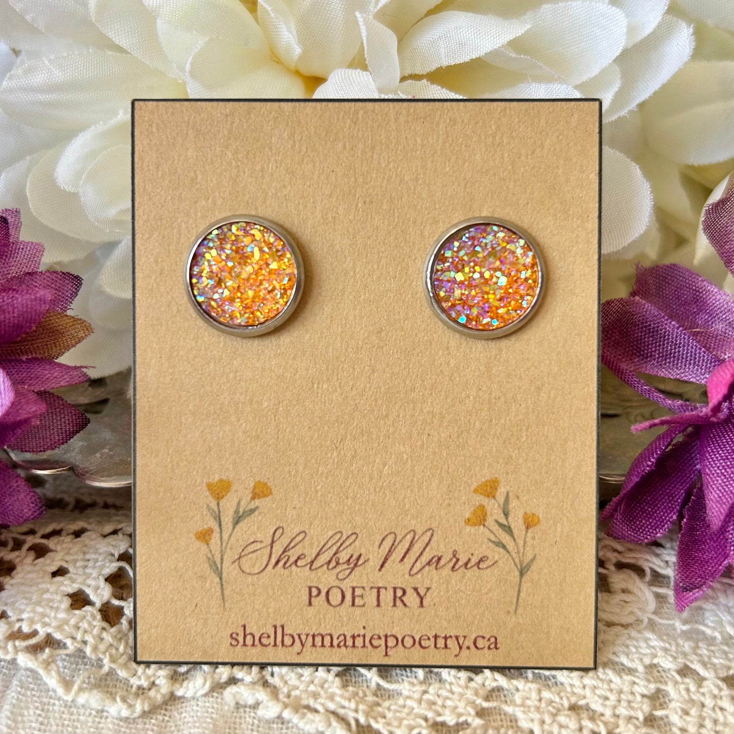 Orange Geode Stud Earrings