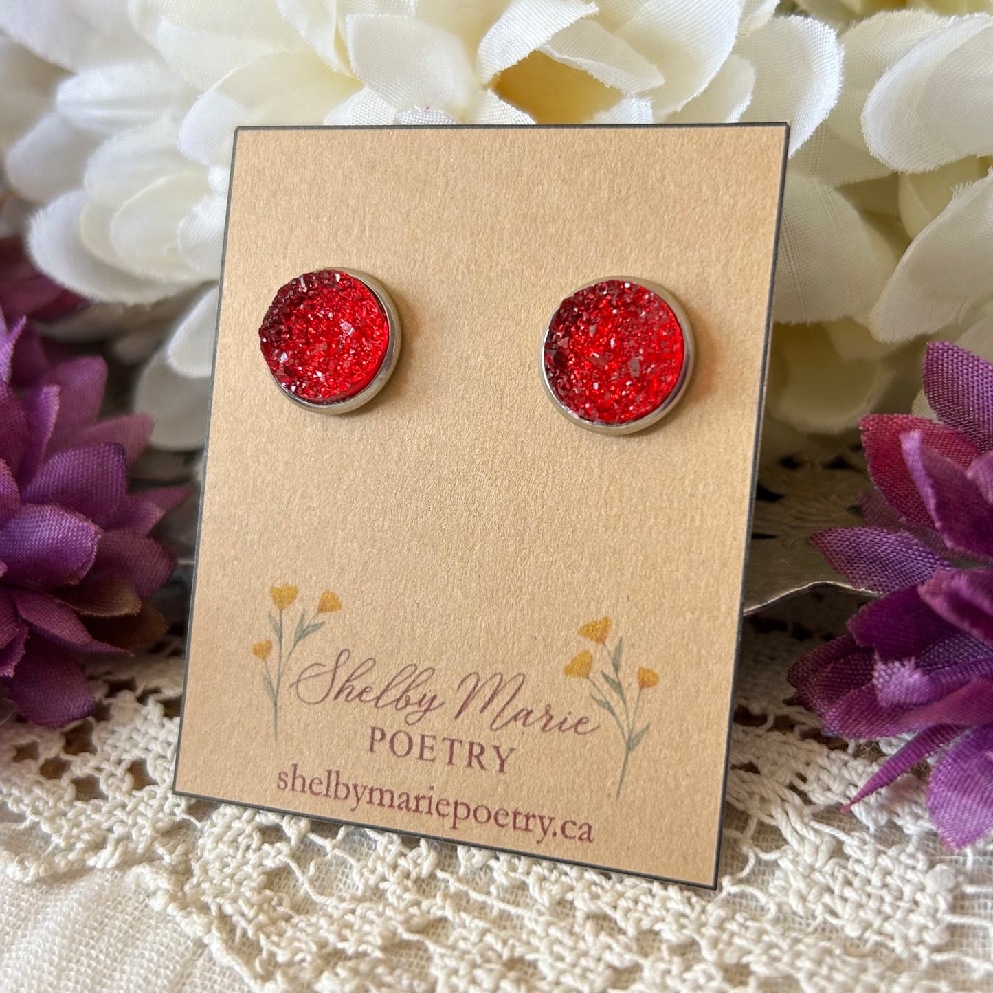 Red Geode Stud Earrings