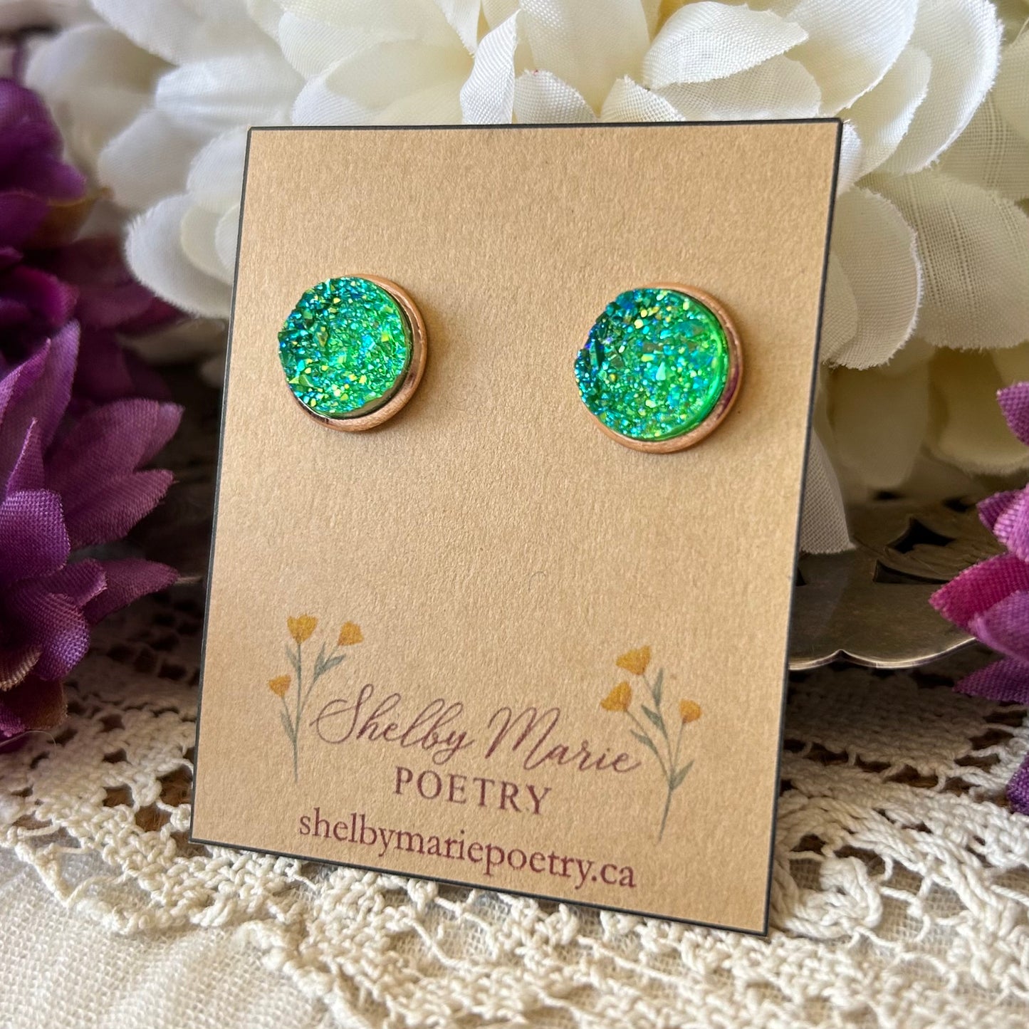 Green Geode Stud Earrings
