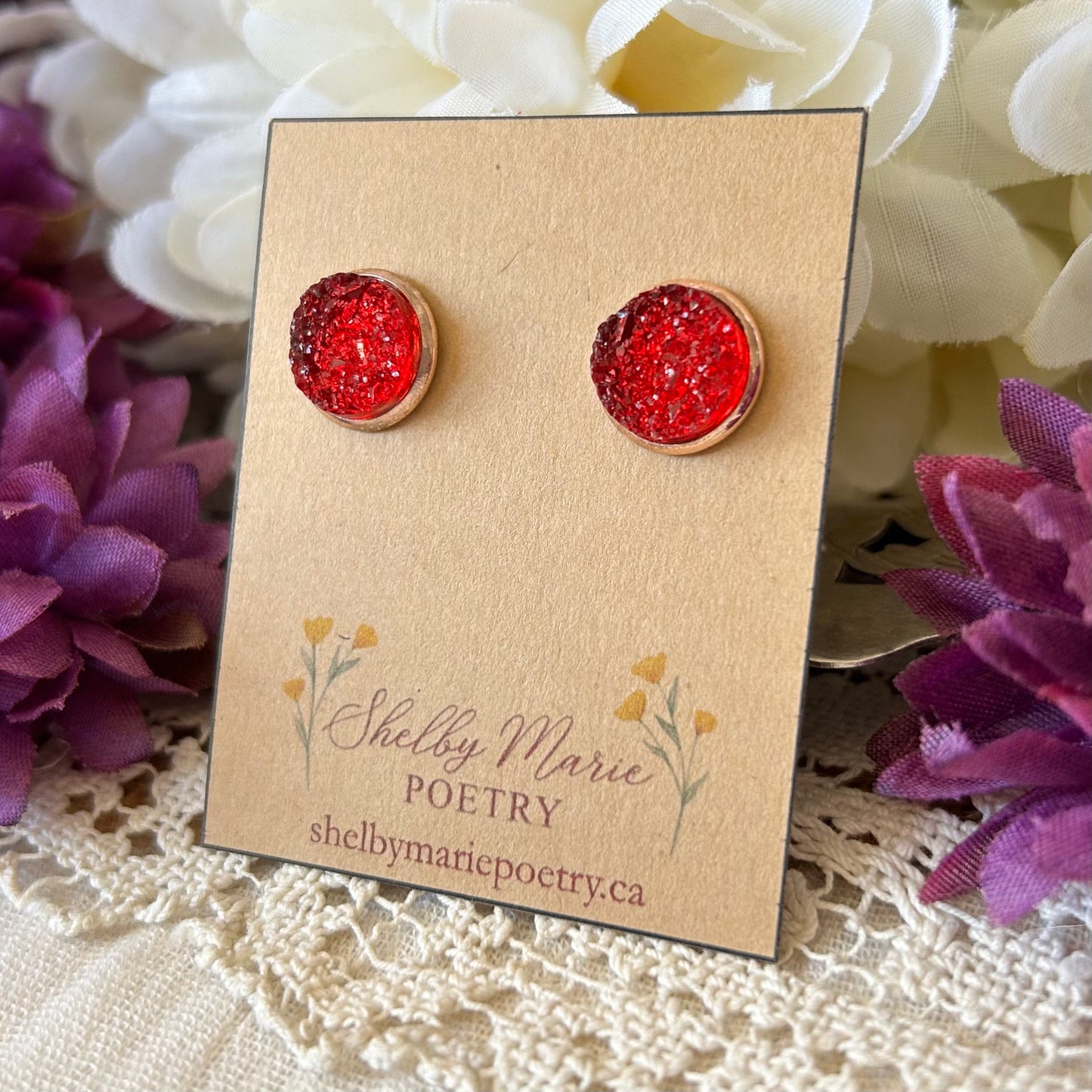 Red Geode Stud Earrings