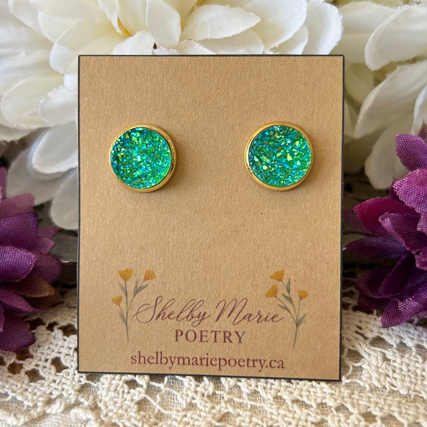 Green Geode Stud Earrings