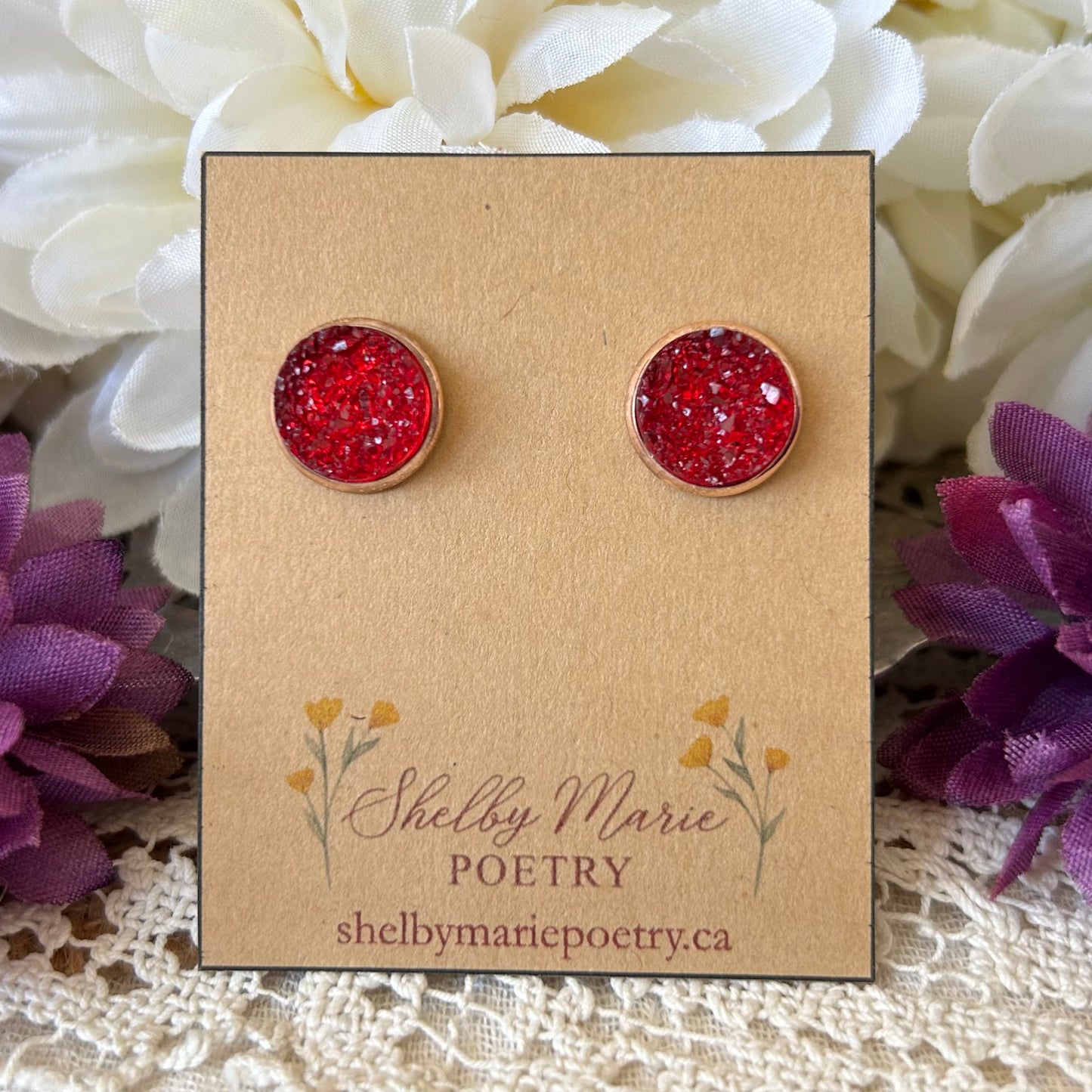 Red Geode Stud Earrings