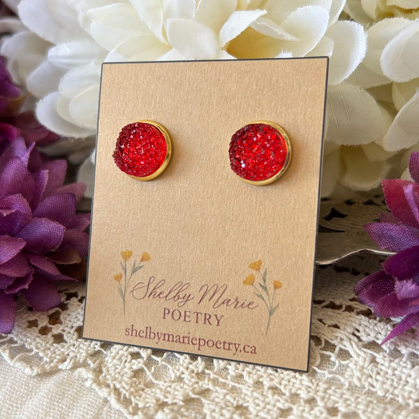 Red Geode Stud Earrings