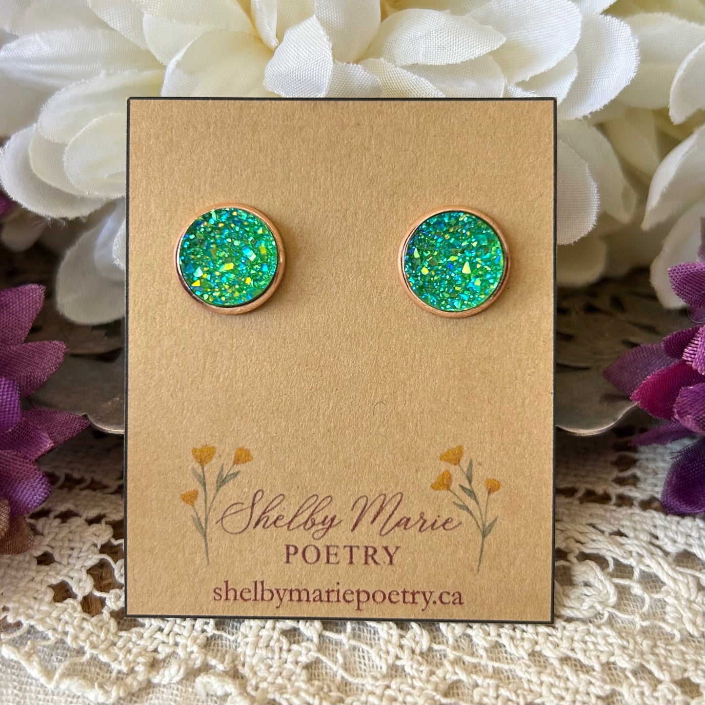 Green Geode Stud Earrings