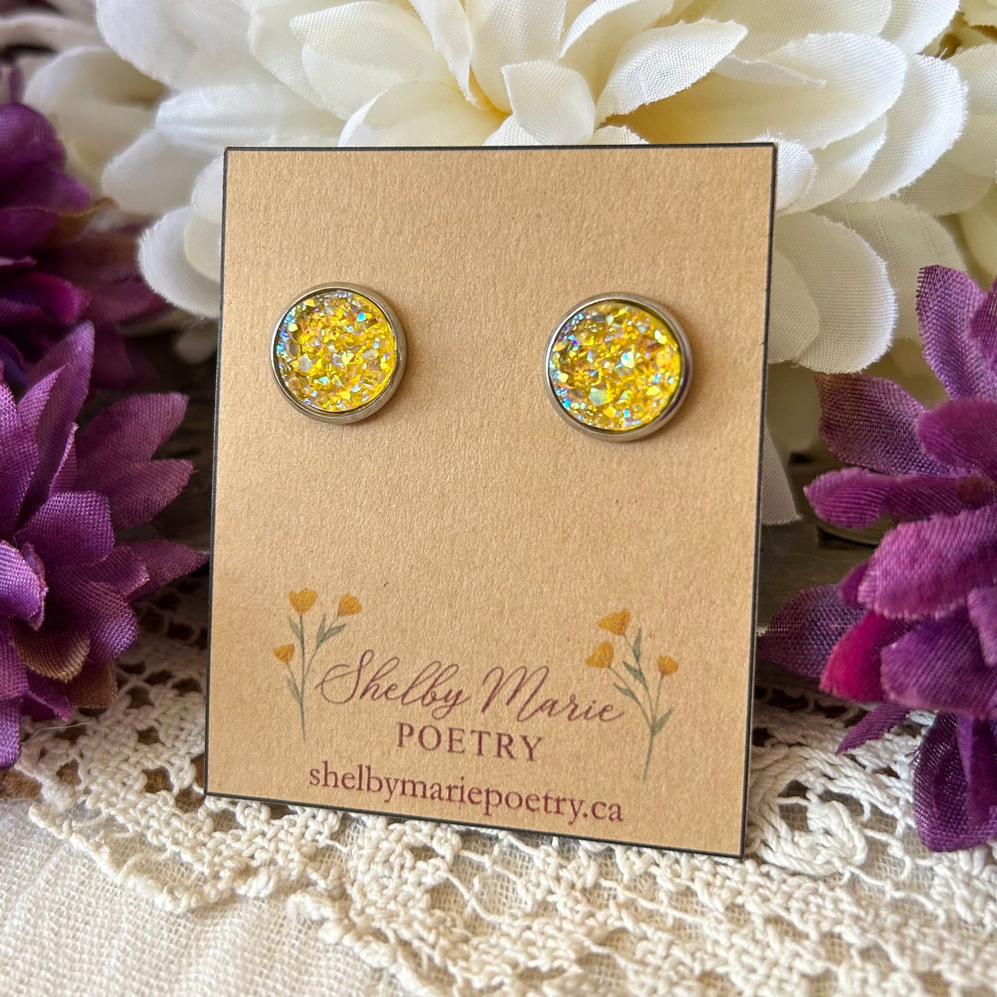 Yellow Geode Stud Earrings