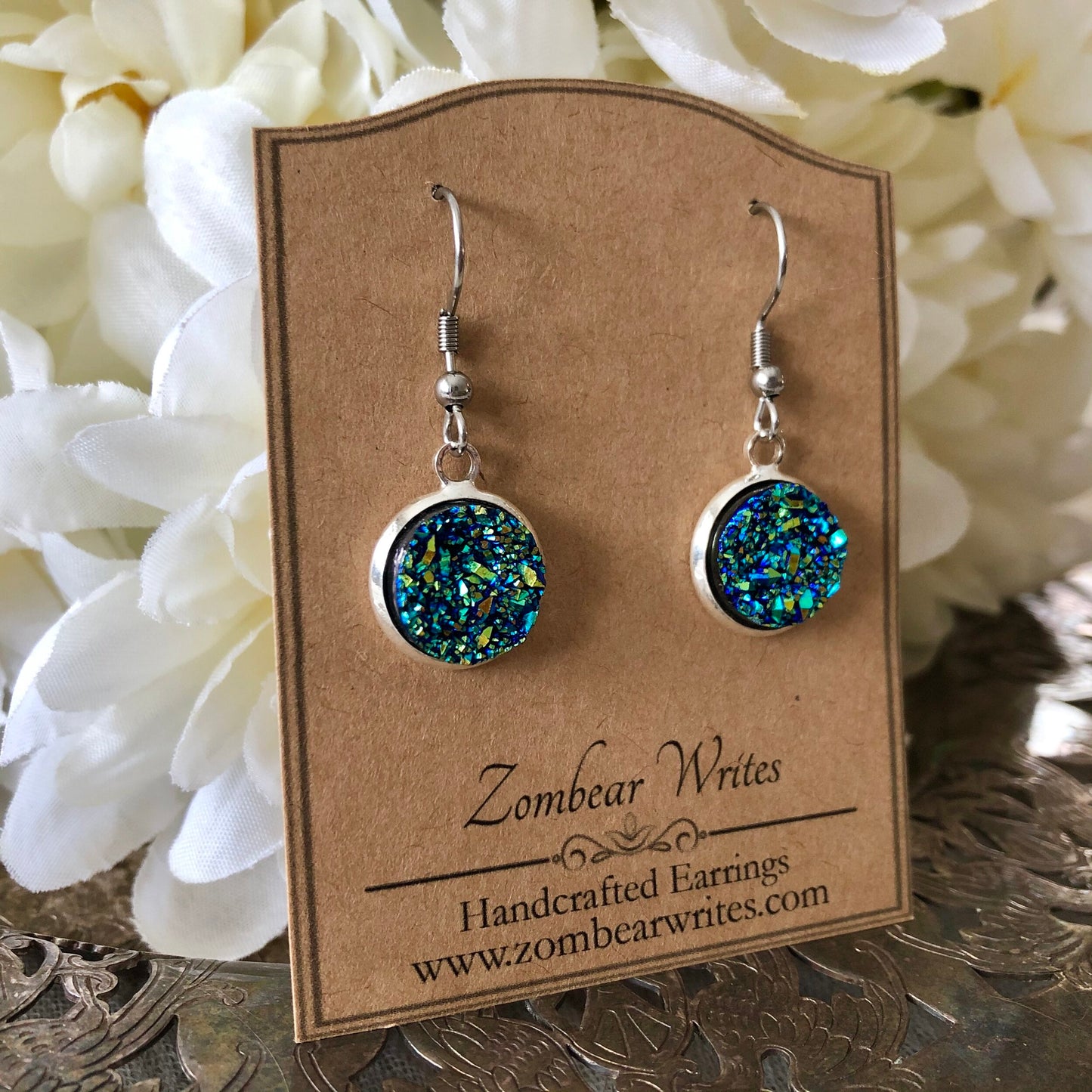 Blue Green Geode Earrings