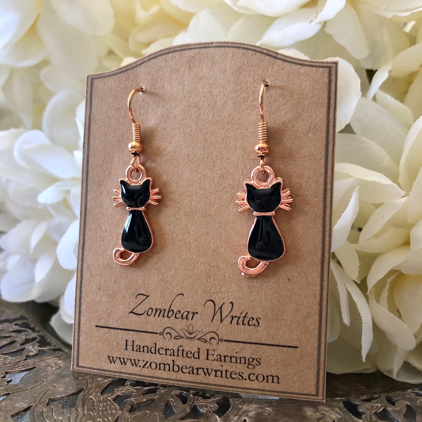 Black and Rose Gold Cat Earrings