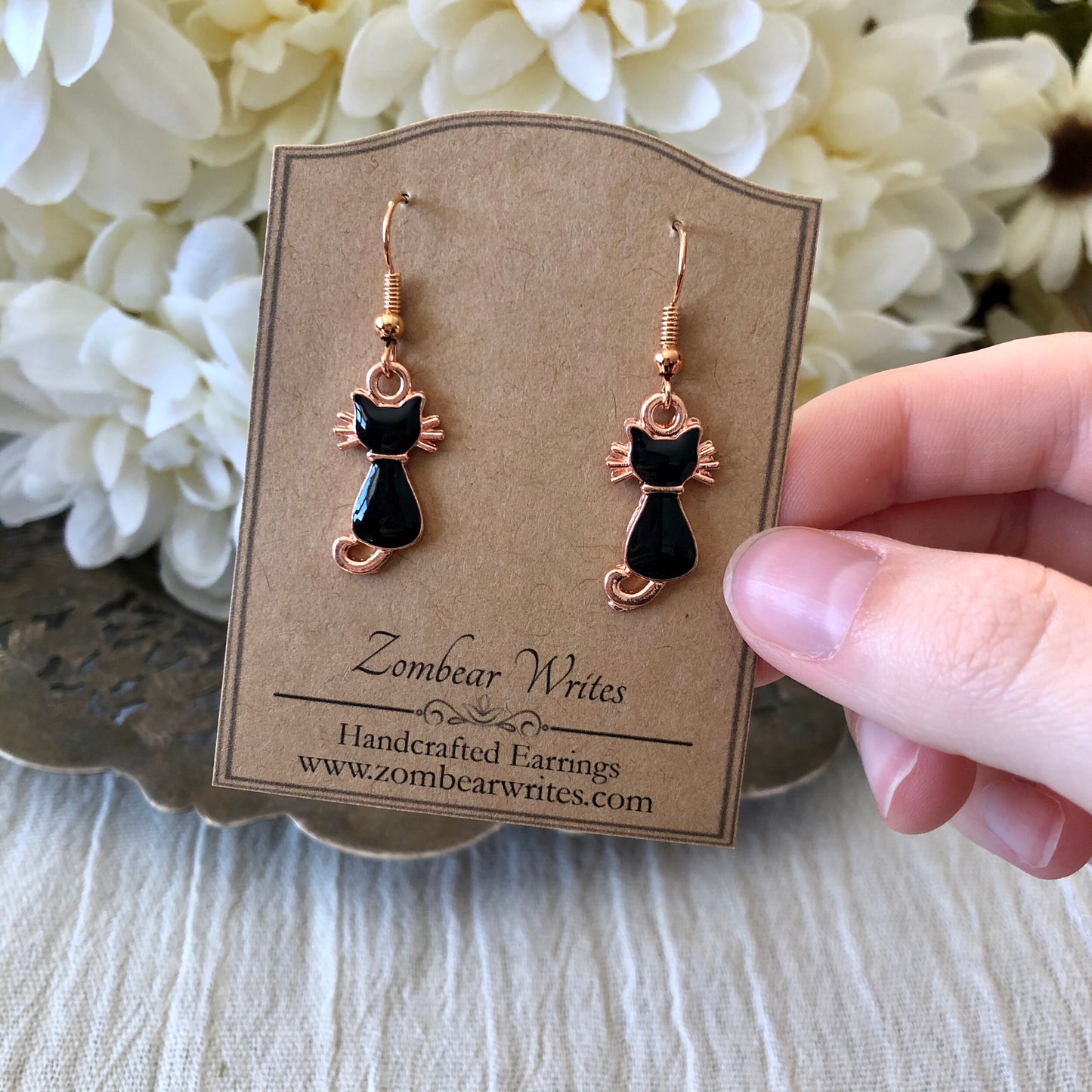 Black and Rose Gold Cat Earrings