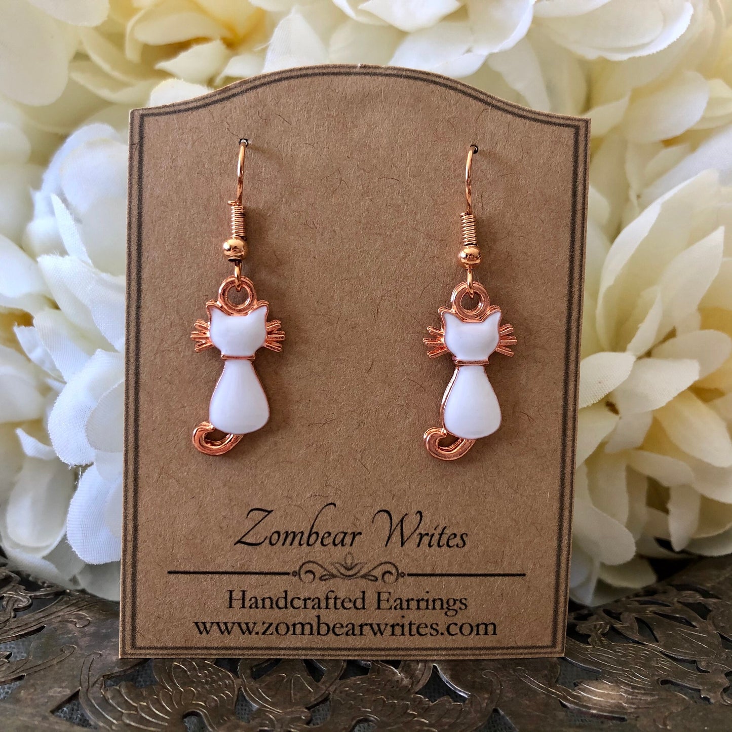 White and Rose Gold Cat Earrings
