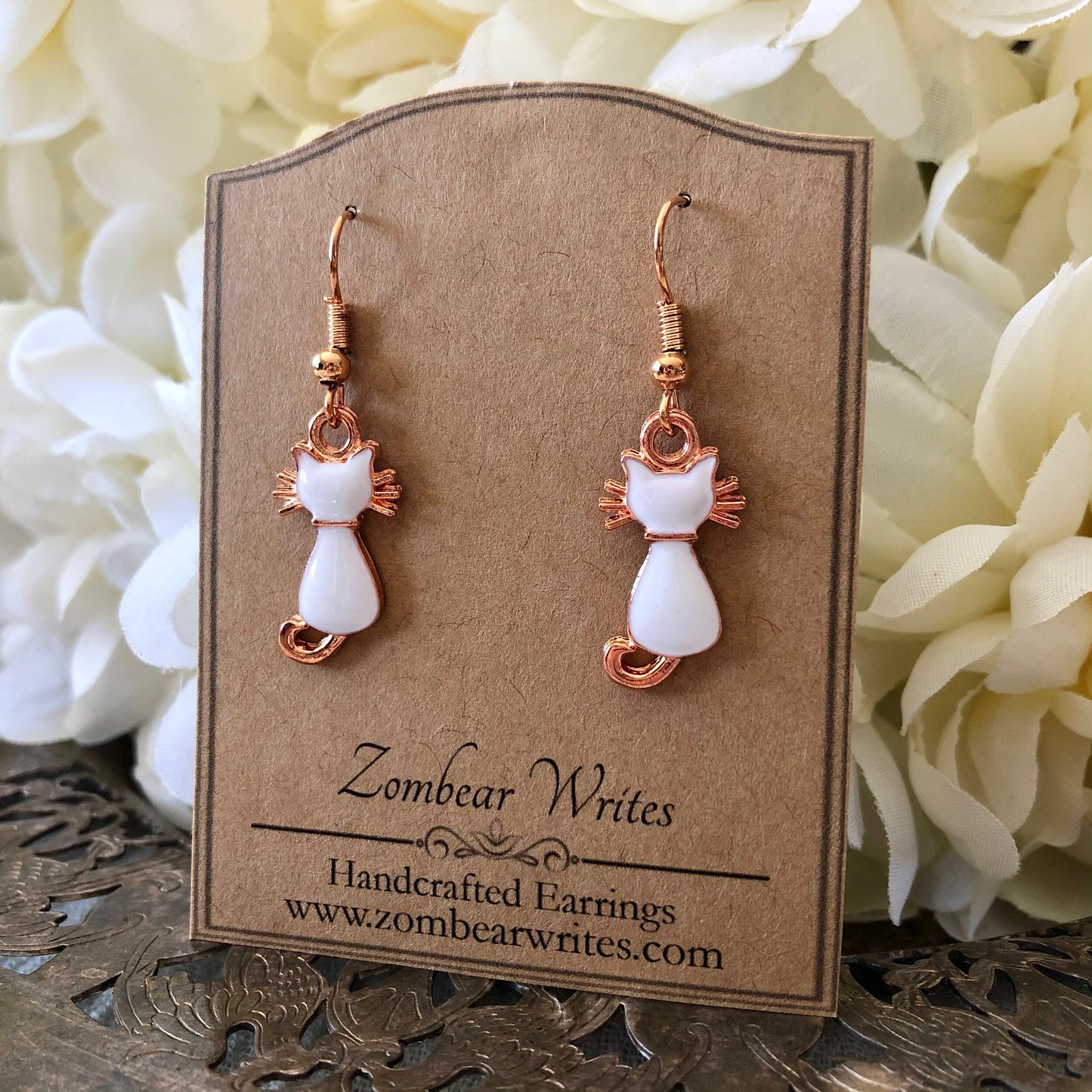 White and Rose Gold Cat Earrings
