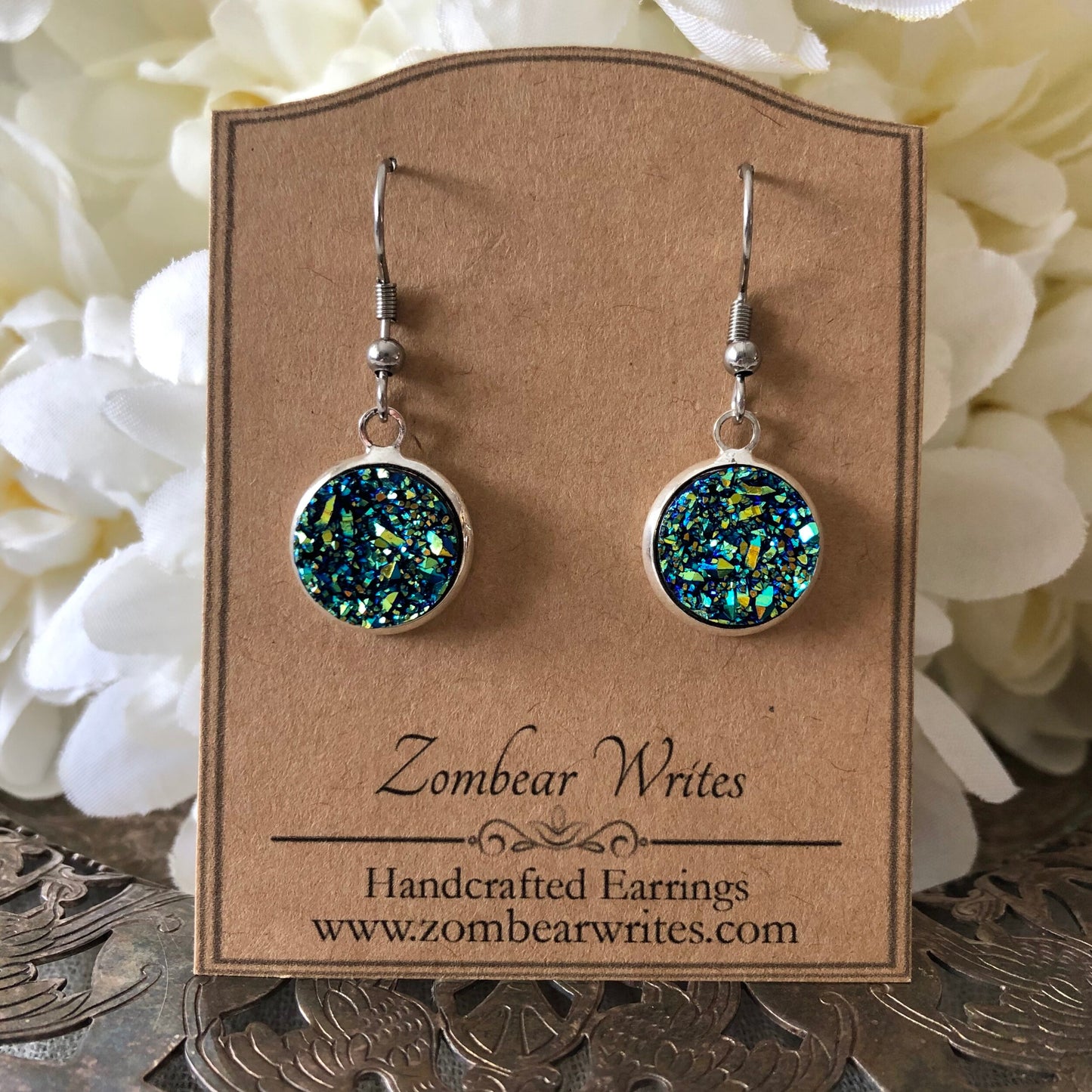 Blue Green Geode Earrings