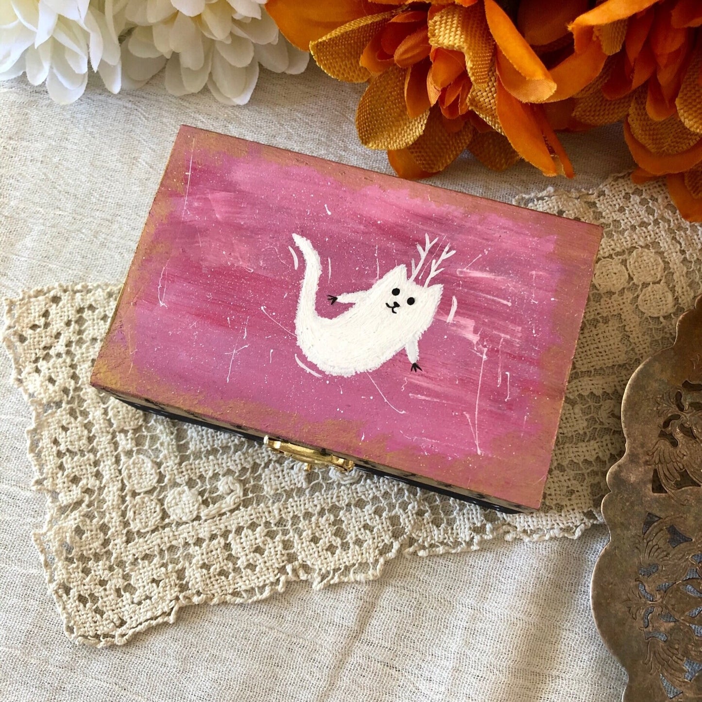 Hand Painted Ghost Beasty Keepsake Box - Pink