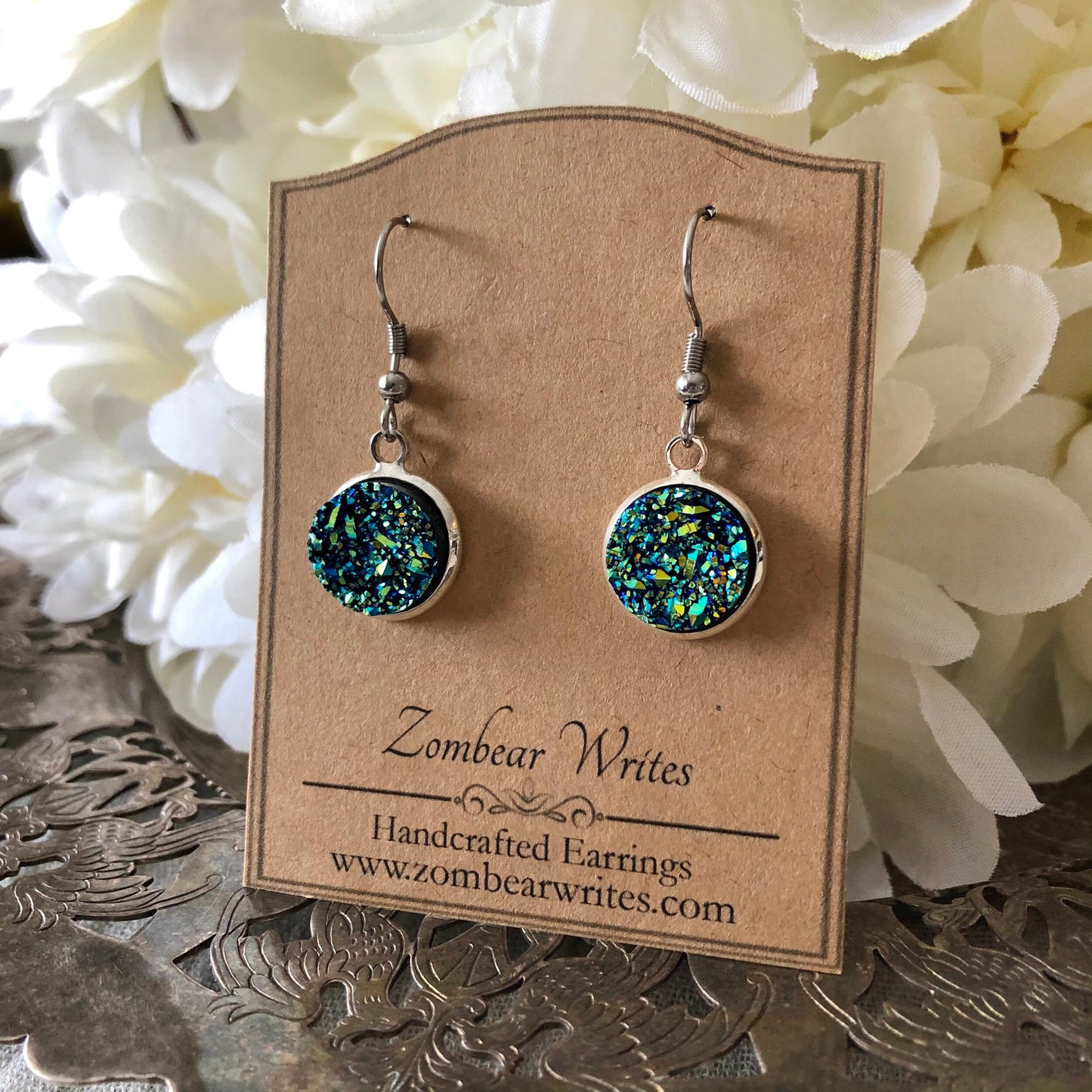 Blue Green Geode Earrings