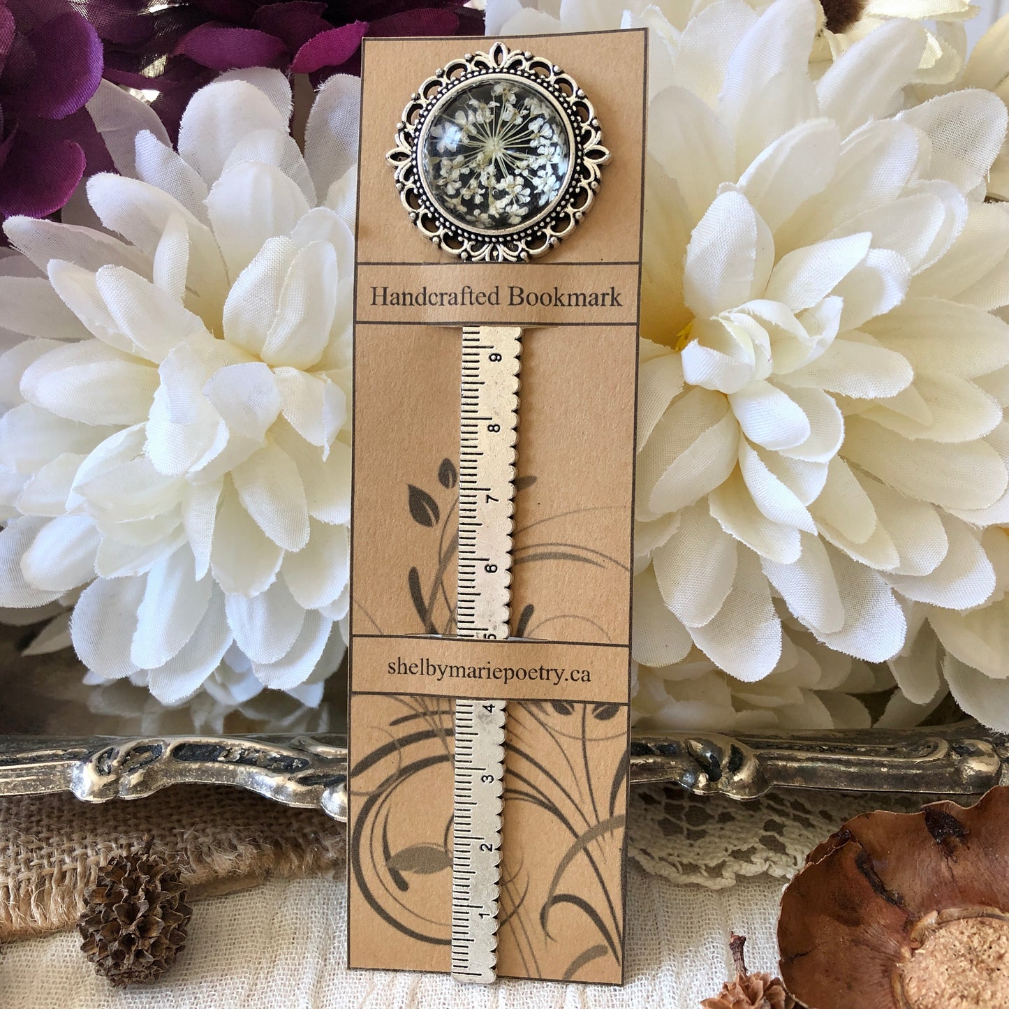 White Pressed Flower Bookmark in Silver