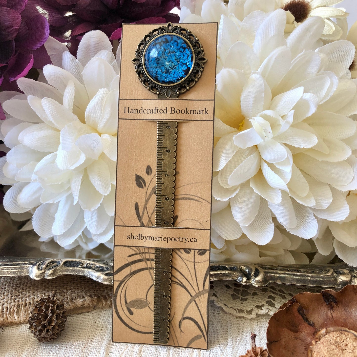 Blue Pressed Flower Bookmark in Bronze