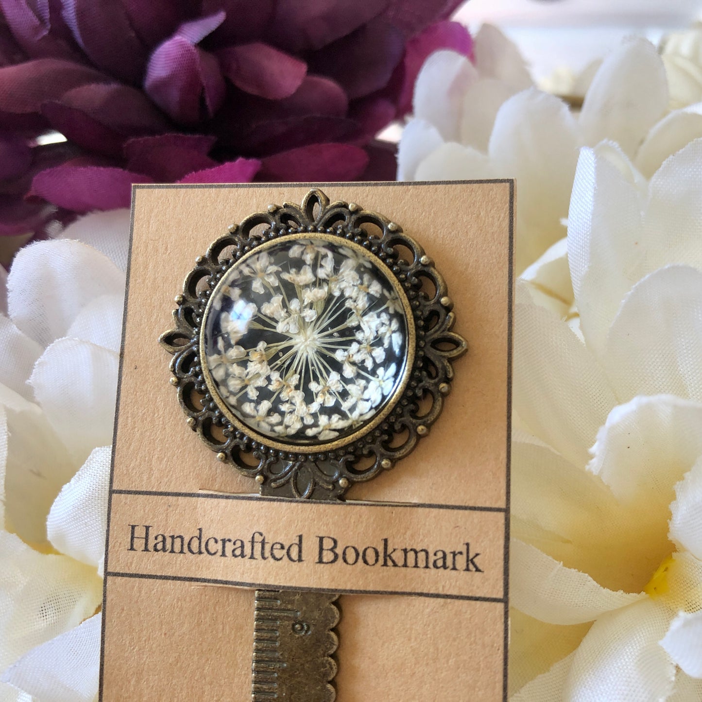 White Pressed Flower Bookmark in Bronze