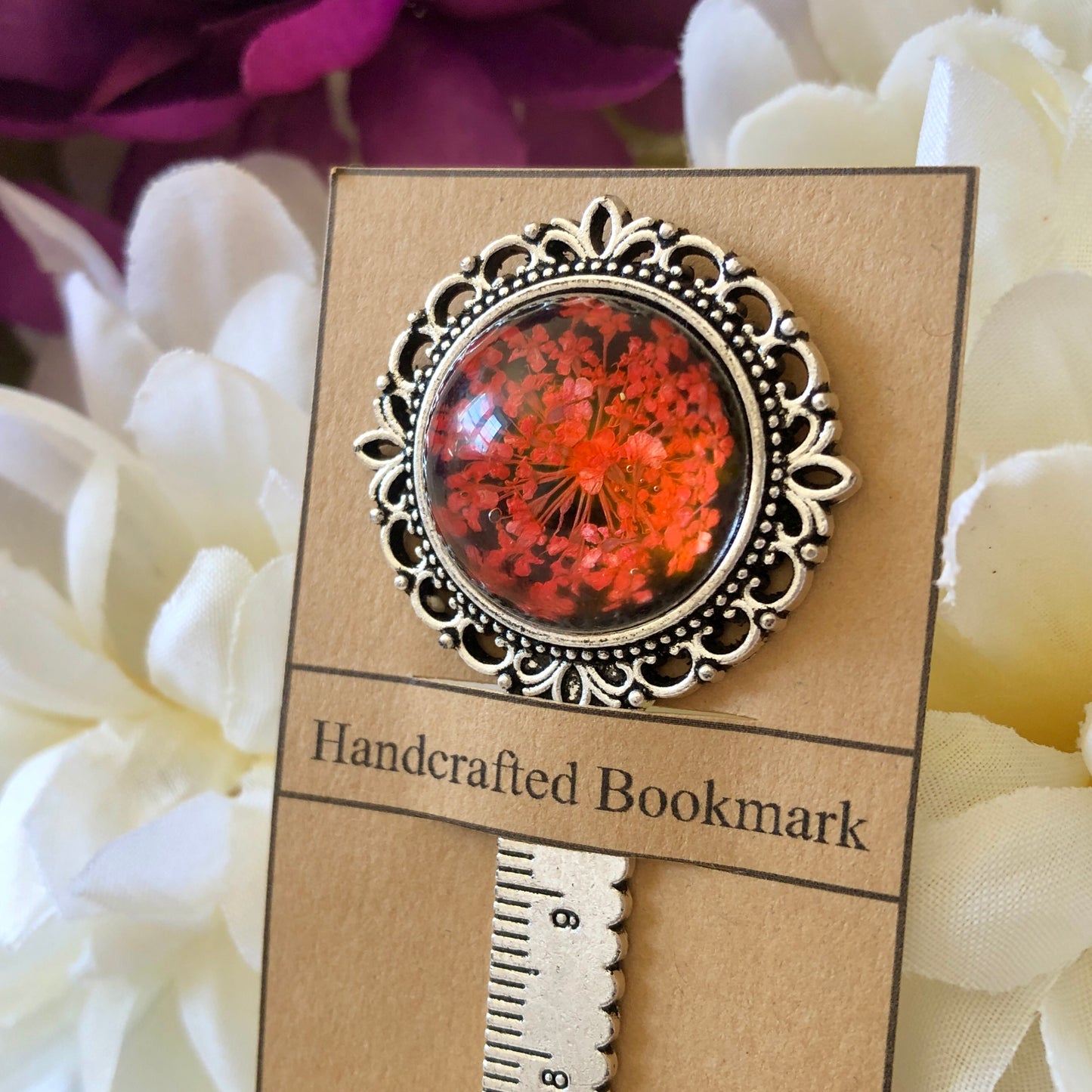 Red Pressed Flower Bookmark in Silver