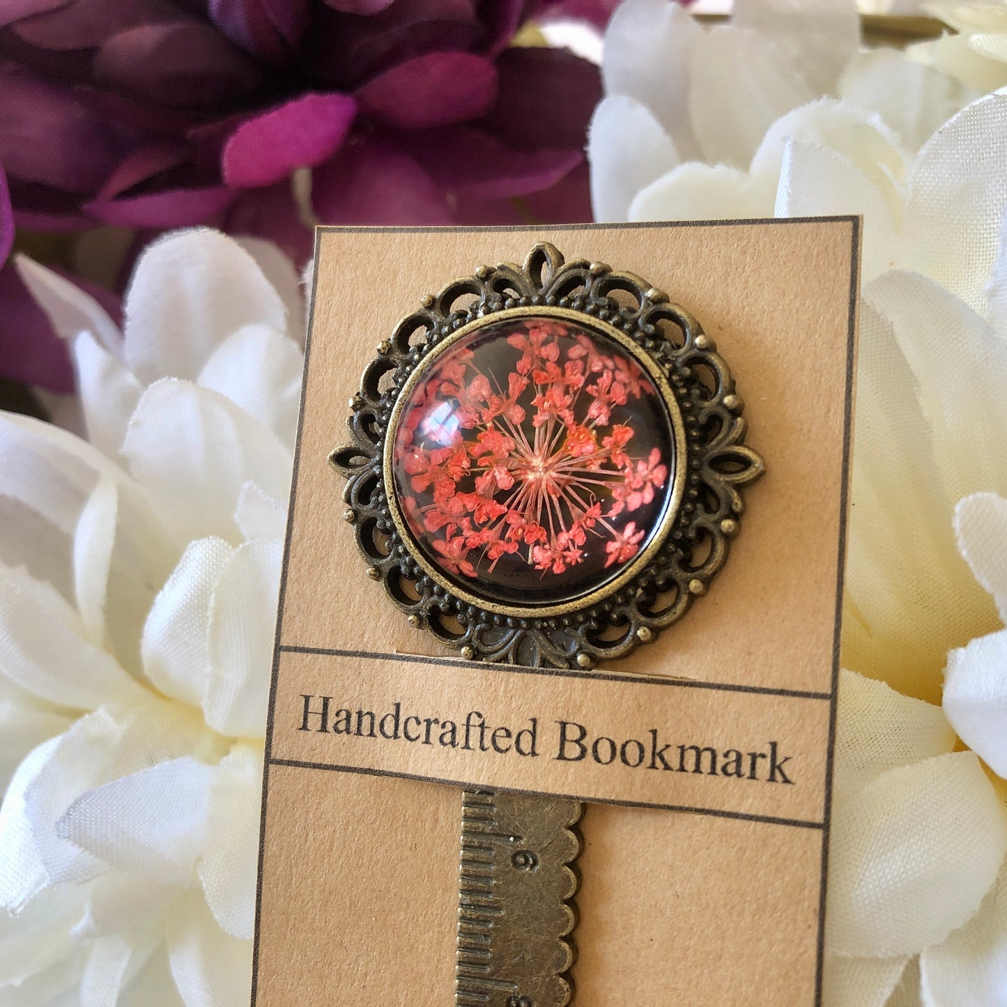 Red Pressed Flower Bookmark in Bronze