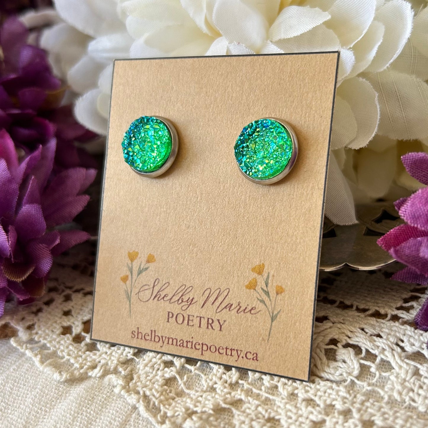 Green Geode Stud Earrings
