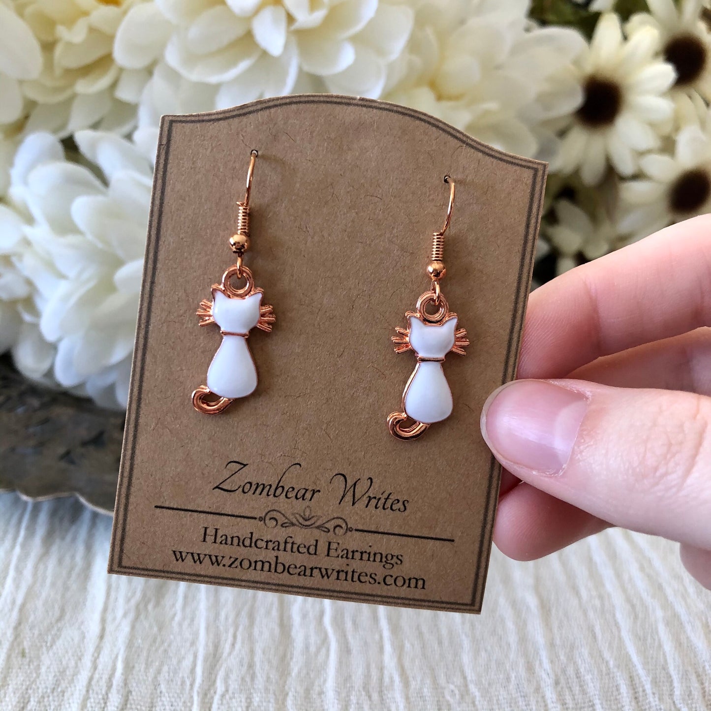 White and Rose Gold Cat Earrings