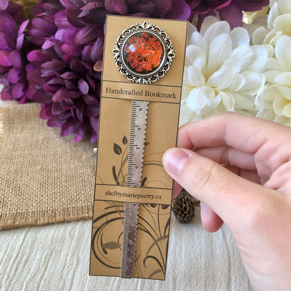 Red Pressed Flower Bookmark in Silver