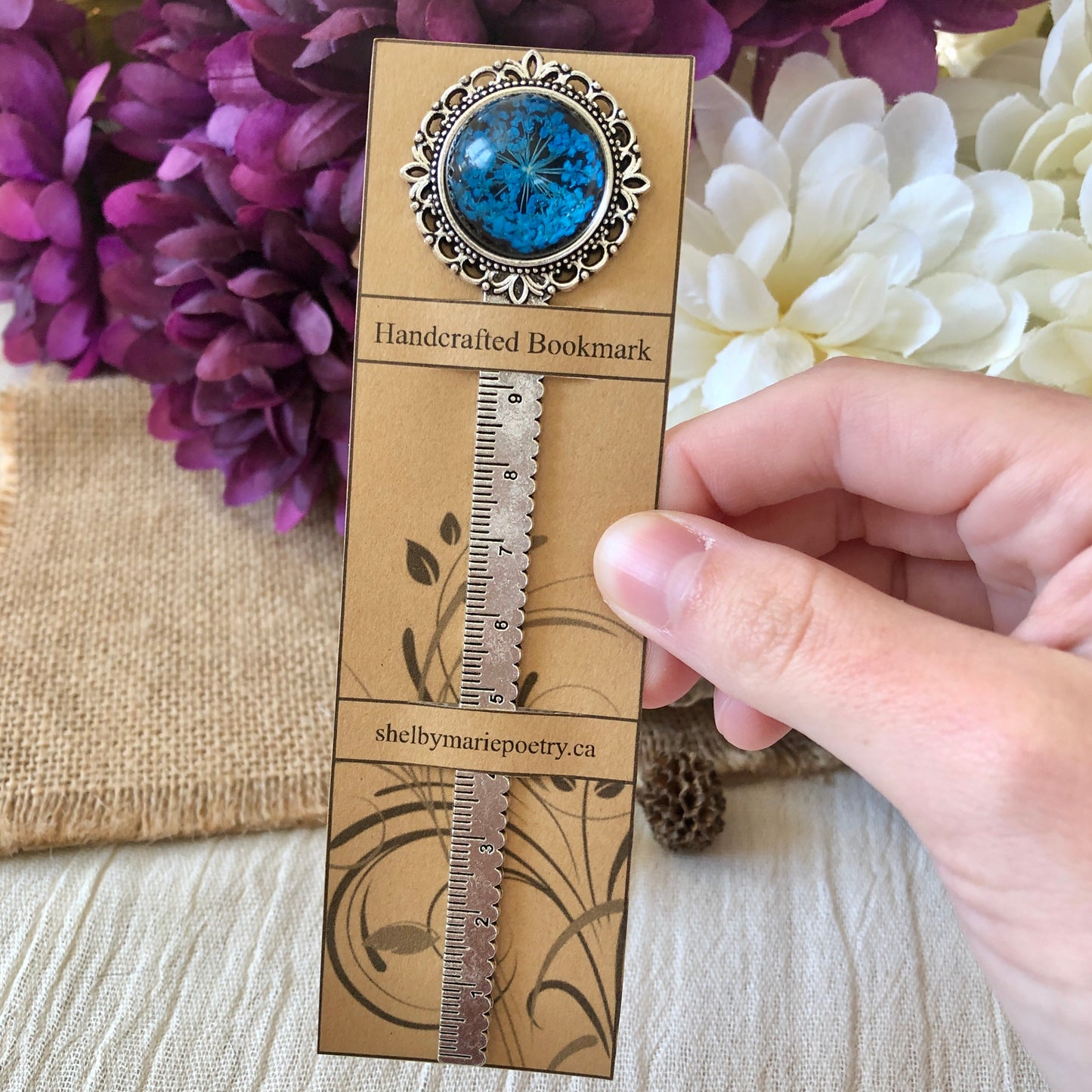 Blue Pressed Flower Bookmark in Silver