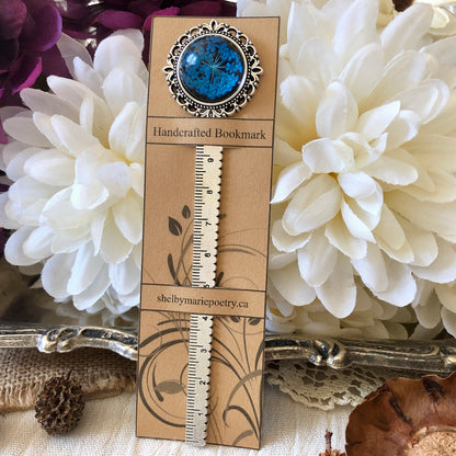 Blue Pressed Flower Bookmark in Silver