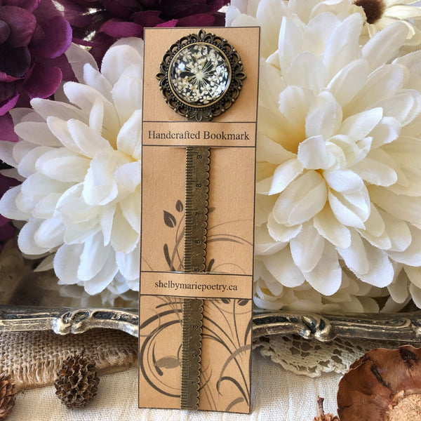 White Pressed Flower Bookmark in Bronze